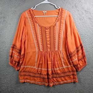 Reba Top Blouse Women Medium Embroidered Scoop Neck‎ Orange